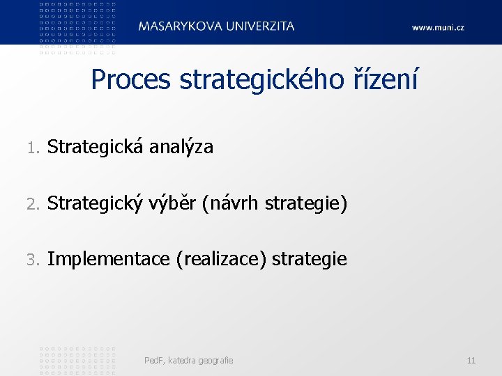 Proces strategického řízení 1. Strategická analýza 2. Strategický výběr (návrh strategie) 3. Implementace (realizace)