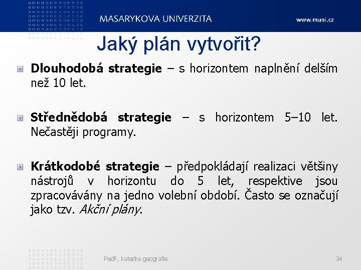 Jaký plán vytvořit? Dlouhodobá strategie – s horizontem naplnění delším než 10 let. Střednědobá