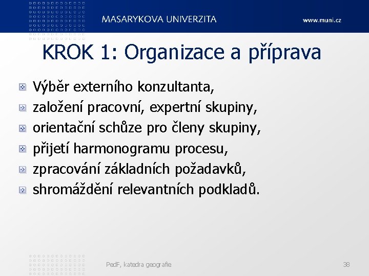 KROK 1: Organizace a příprava Výběr externího konzultanta, založení pracovní, expertní skupiny, orientační schůze