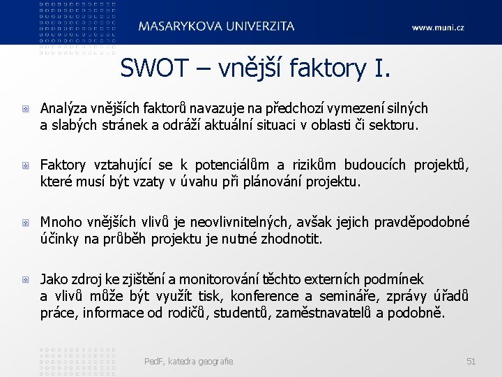 SWOT – vnější faktory I. Analýza vnějších faktorů navazuje na předchozí vymezení silných a