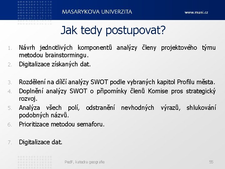 Jak tedy postupovat? 1. 2. Návrh jednotlivých komponentů analýzy členy projektového týmu metodou brainstormingu.