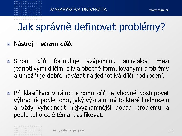 Jak správně definovat problémy? Nástroj – strom cílů. Strom cílů formuluje vzájemnou souvislost mezi