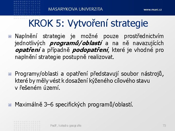 KROK 5: Vytvoření strategie Naplnění strategie je možné pouze prostřednictvím jednotlivých programů/oblastí a na