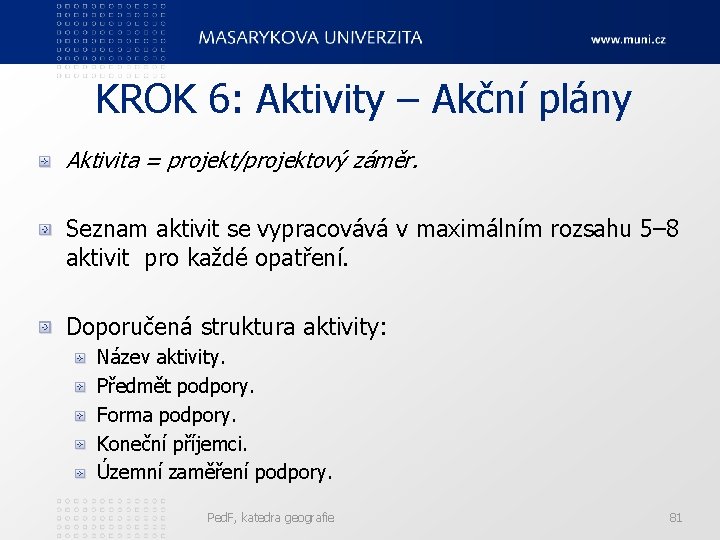 KROK 6: Aktivity – Akční plány Aktivita = projekt/projektový záměr. Seznam aktivit se vypracovává
