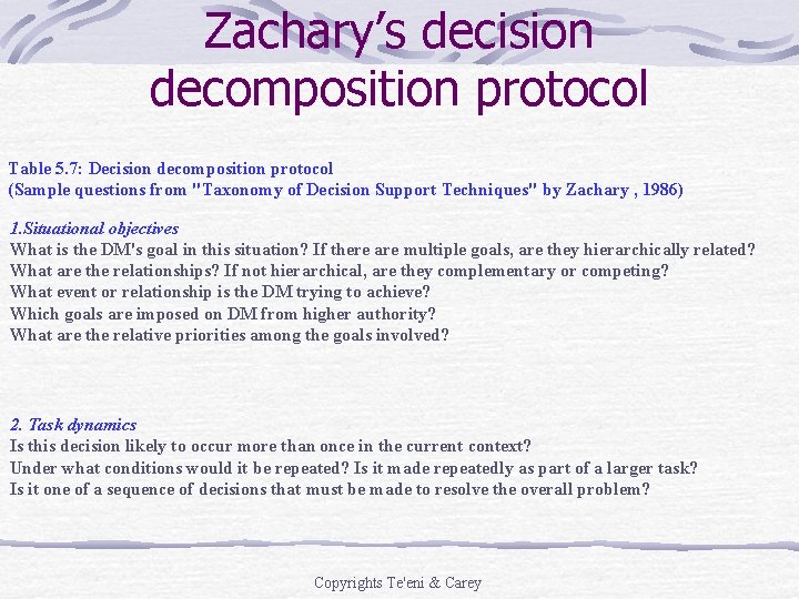 Zachary’s decision decomposition protocol Table 5. 7: Decision decomposition protocol (Sample questions from "Taxonomy Zachary’s decision decomposition protocol Table 5. 7: Decision decomposition protocol (Sample questions from "Taxonomy