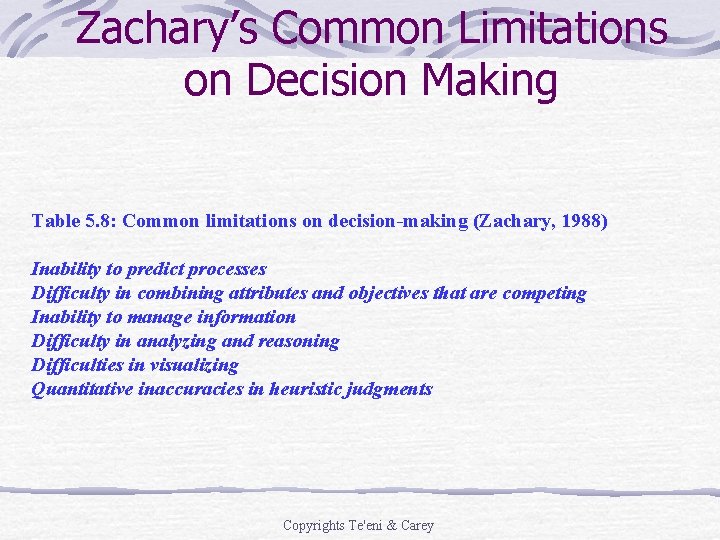 Zachary’s Common Limitations on Decision Making Table 5. 8: Common limitations on decision-making (Zachary, Zachary’s Common Limitations on Decision Making Table 5. 8: Common limitations on decision-making (Zachary,