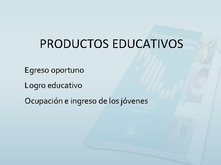 PRODUCTOS EDUCATIVOS Egreso oportuno Logro educativo Ocupación e ingreso de los jóvenes 