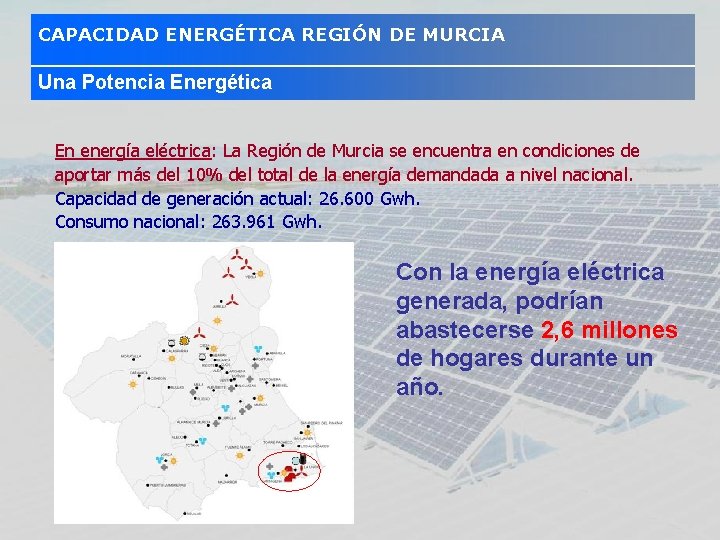 CAPACIDAD ENERGÉTICA REGIÓN DE MURCIA Una Potencia Energética En energía eléctrica: La Región de