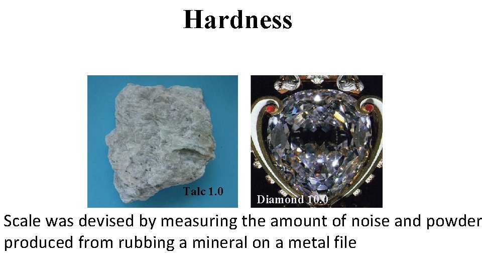 Hardness Talc 1. 0 Diamond 10. 0 Scale was devised by measuring the amount