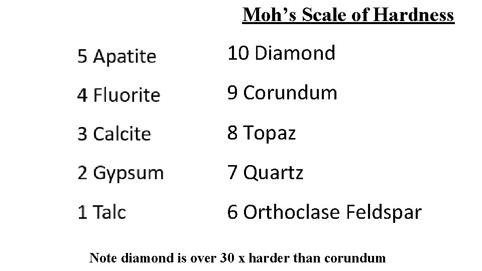 Moh’s Scale of Hardness 10 Diamond 9 Corundum 8 Topaz 7 Quartz 6 Orthoclase