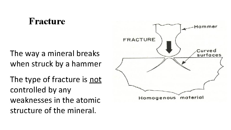 Fracture The way a mineral breaks when struck by a hammer The type of