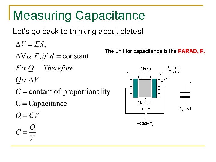 Measuring Capacitance Let’s go back to thinking about plates! The unit for capacitance is