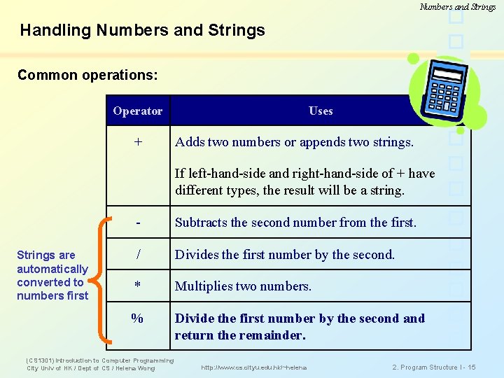 Numbers and Strings Handling Numbers and Strings Common operations: Operator + Uses Adds two