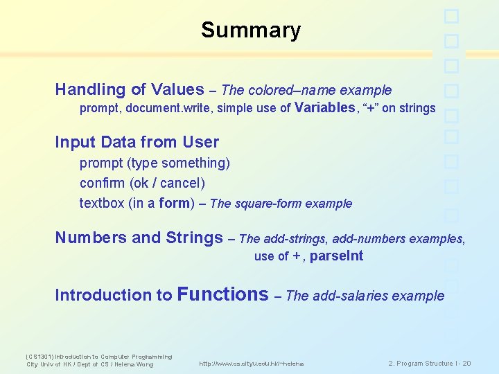 Summary Handling of Values – The colored–name example prompt, document. write, simple use of