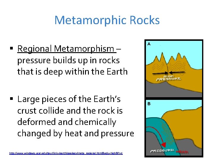 Metamorphic Rocks § Regional Metamorphism – pressure builds up in rocks that is deep