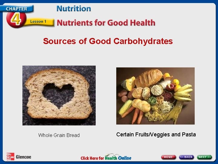 Sources of Good Carbohydrates Whole Grain Bread Certain Fruits/Veggies and Pasta 