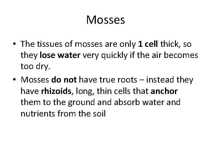 Mosses • The tissues of mosses are only 1 cell thick, so they lose