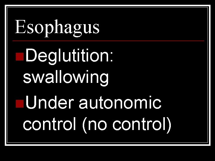 Esophagus n. Deglutition: swallowing n. Under autonomic control (no control) 