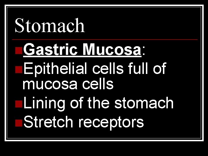 Stomach n. Gastric Mucosa: n. Epithelial cells full of mucosa cells n. Lining of
