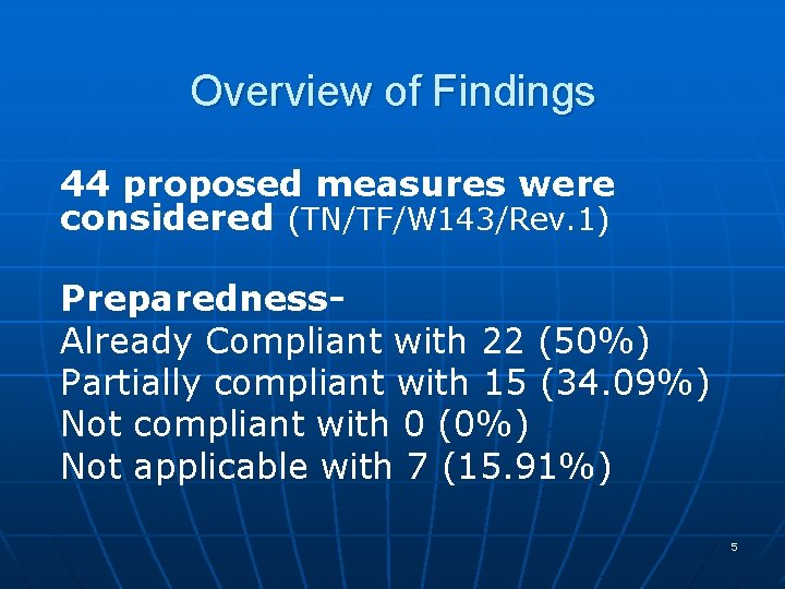 Overview of Findings 44 proposed measures were considered (TN/TF/W 143/Rev. 1) Preparedness. Already Compliant