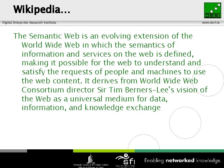 Wikipedia… Digital Enterprise Research Institute www. deri. ie The Semantic Web is an evolving