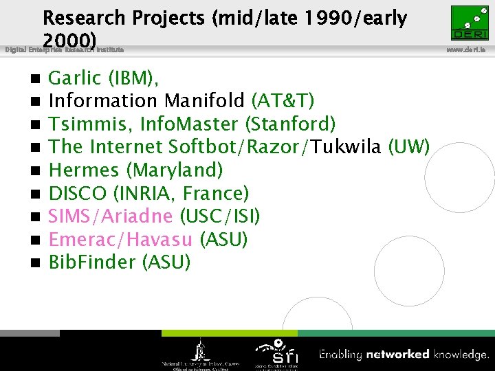 Research Projects (mid/late 1990/early 2000) Digital Enterprise Research Institute n n n n n