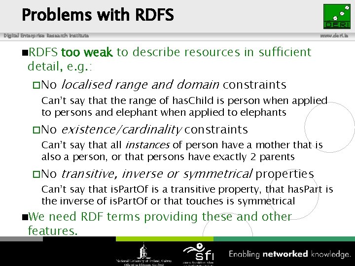 Problems with RDFS Digital Enterprise Research Institute www. deri. ie n. RDFS too weak