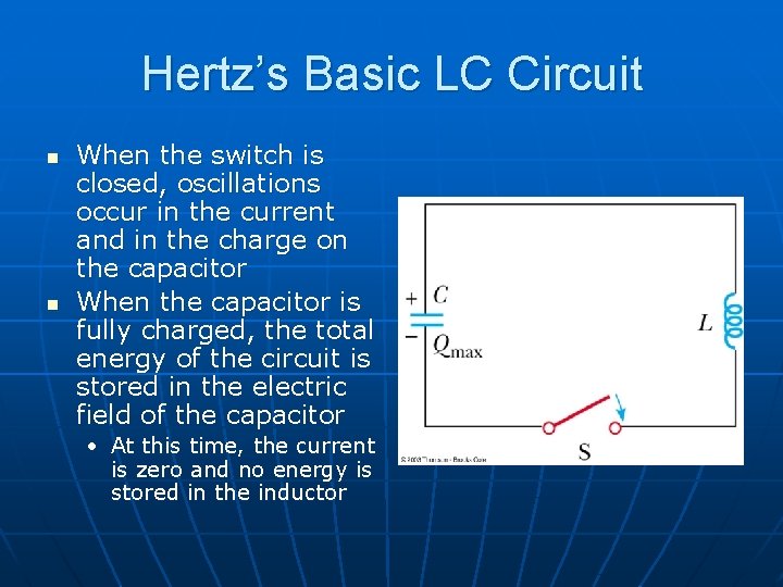 Hertz’s Basic LC Circuit n n When the switch is closed, oscillations occur in