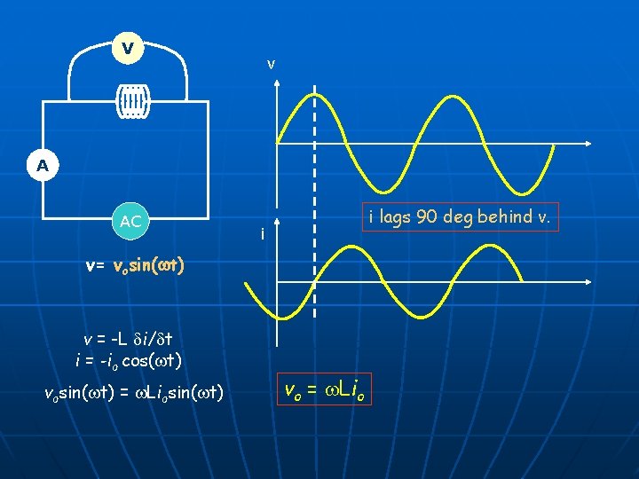 V v A AC i lags 90 deg behind v. i v= vosin(wt) v