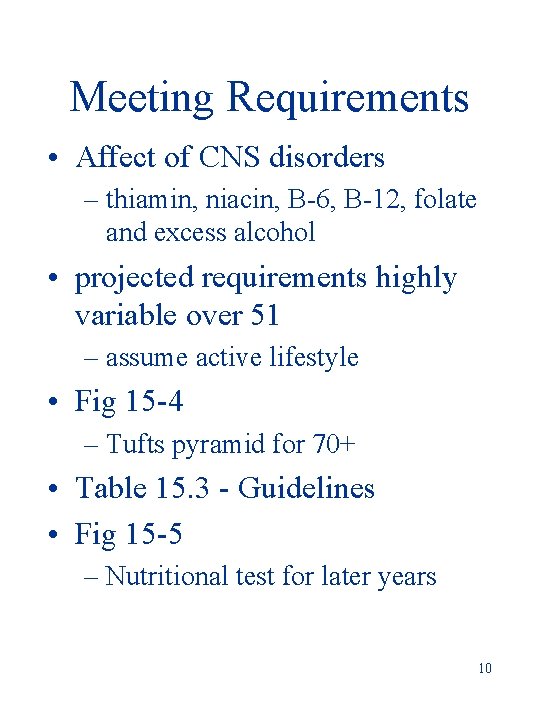 Meeting Requirements • Affect of CNS disorders – thiamin, niacin, B-6, B-12, folate and