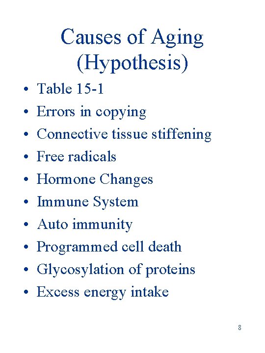 Causes of Aging (Hypothesis) • • • Table 15 -1 Errors in copying Connective