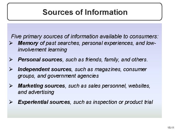 Sources of Information Five primary sources of information available to consumers: Ø Memory of