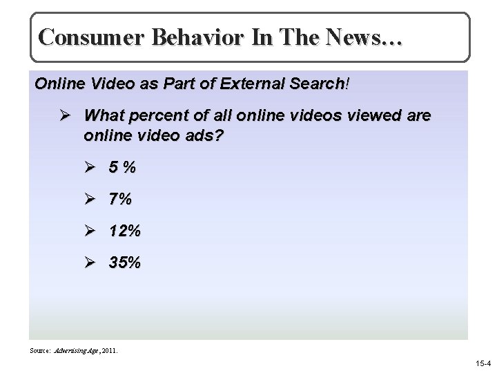 Consumer Behavior In The News… Online Video as Part of External Search! Ø What