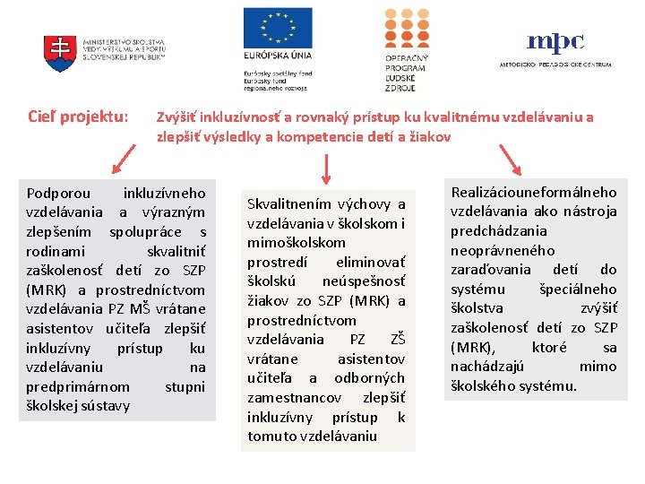 Cieľ projektu: Zvýšiť inkluzívnosť a rovnaký prístup ku kvalitnému vzdelávaniu a zlepšiť výsledky a Cieľ projektu: Zvýšiť inkluzívnosť a rovnaký prístup ku kvalitnému vzdelávaniu a zlepšiť výsledky a