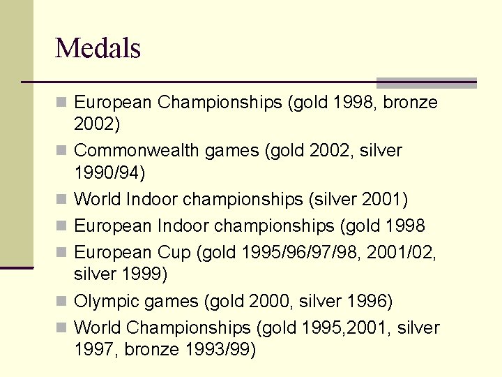 Medals European Championships (gold 1998, bronze 2002) Commonwealth games (gold 2002, silver 1990/94) World