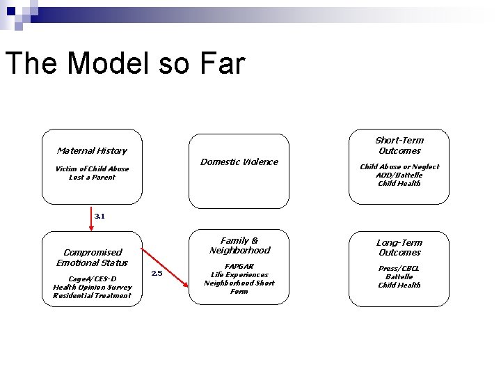 The Model so Far Short-Term Outcomes Maternal History Domestic Violence Victim of Child Abuse