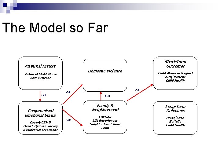 The Model so Far Short-Term Outcomes Maternal History Domestic Violence Victim of Child Abuse