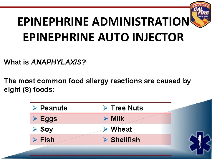 EPINEPHRINE ADMINISTRATION EPINEPHRINE AUTO INJECTOR What is ANAPHYLAXIS? The most common food allergy reactions