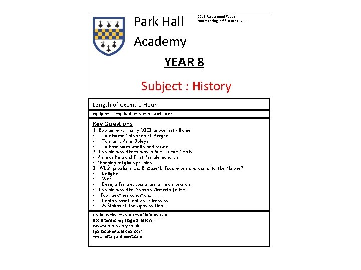 Park Hall Academy YEAR 8 2018 Assessment Week commencing 22 nd October 2018 Subject