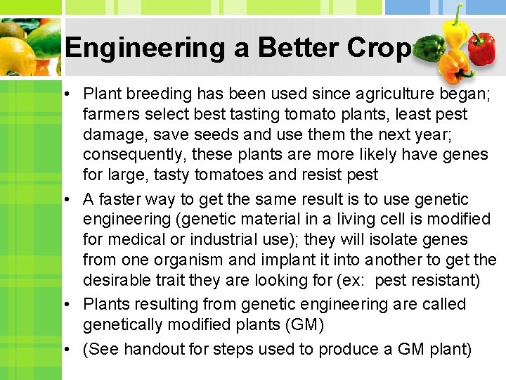 Engineering a Better Crop • Plant breeding has been used since agriculture began; farmers