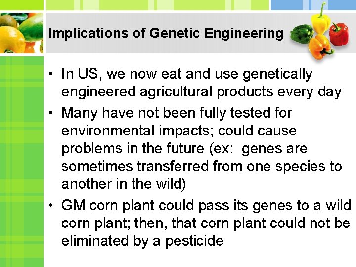 Implications of Genetic Engineering • In US, we now eat and use genetically engineered