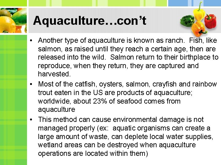 Aquaculture…con’t • Another type of aquaculture is known as ranch. Fish, like salmon, as