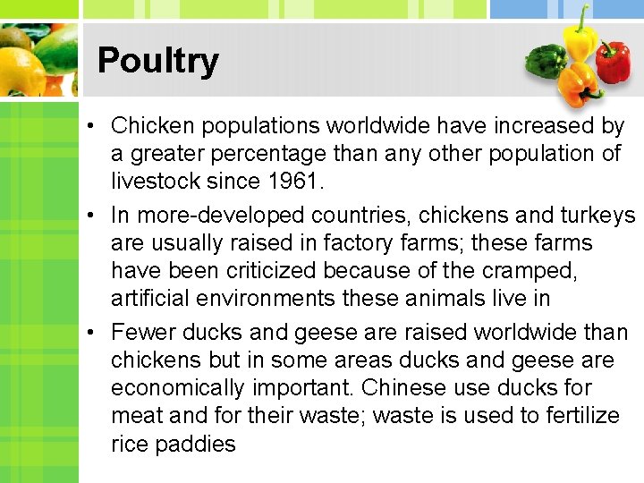 Poultry • Chicken populations worldwide have increased by a greater percentage than any other