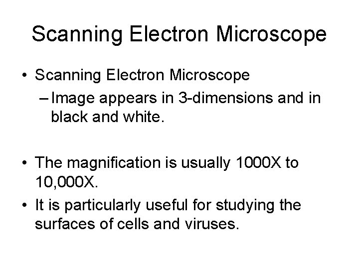 Scanning Electron Microscope • Scanning Electron Microscope – Image appears in 3 -dimensions and