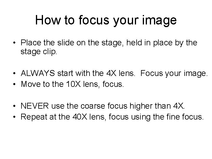 How to focus your image • Place the slide on the stage, held in