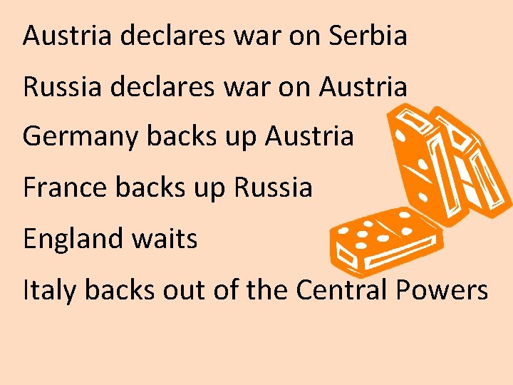 Austria declares war on Serbia Russia declares war on Austria Germany backs up Austria Austria declares war on Serbia Russia declares war on Austria Germany backs up Austria