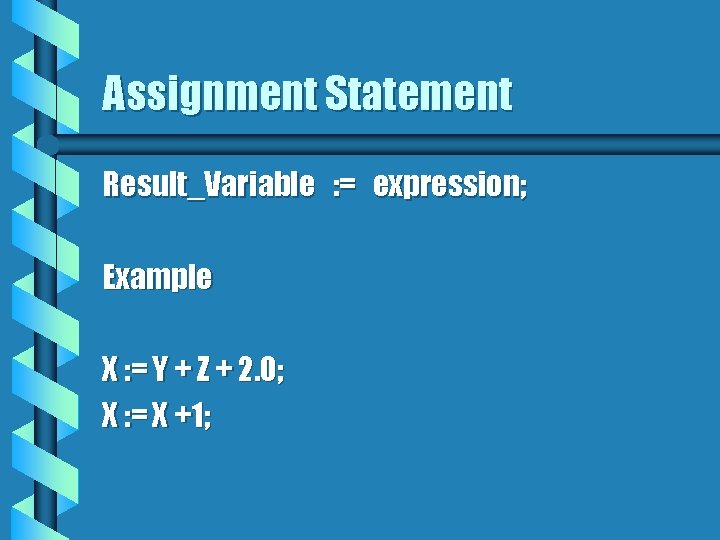 Assignment Statement Result_Variable : = expression; Example X : = Y + Z +