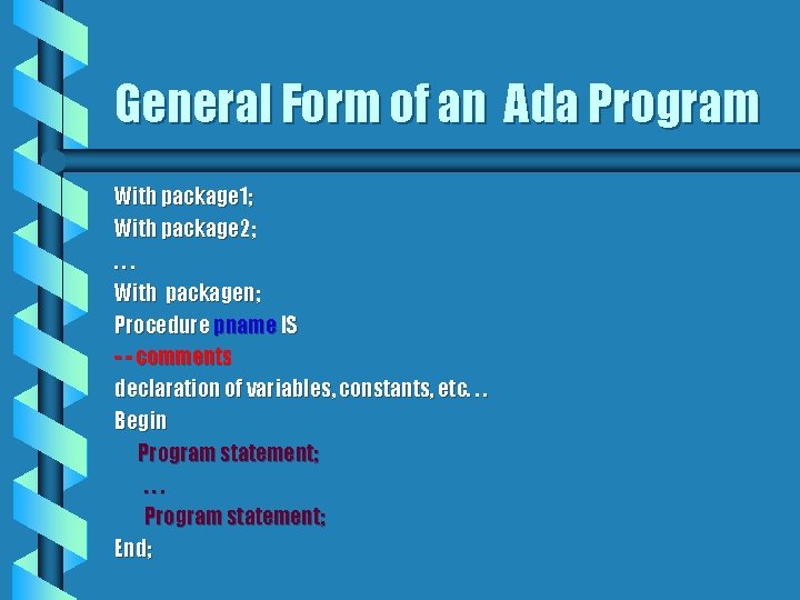 General Form of an Ada Program With package 1; With package 2; . .