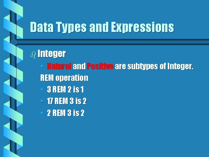 Data Types and Expressions b Integer • Natural and Positive are subtypes of Integer.
