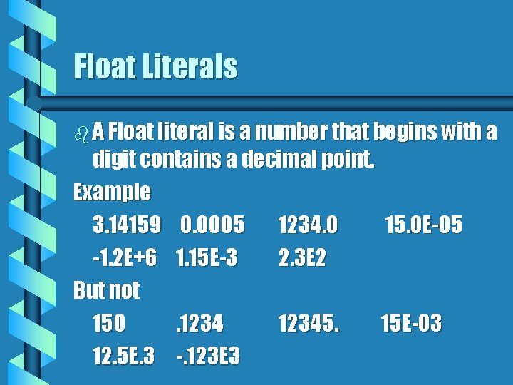 Float Literals b A Float literal is a number that begins with a digit